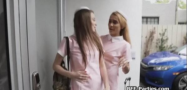  Teen flight attendants spreading for fat cock